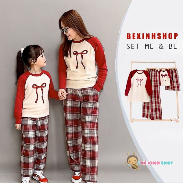 Bộ áo dài tay Raplang Nơ quần Caro Ống Rộng dễ thương cho bé gái BXG1130