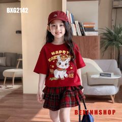 Set áo Ngựa Thần Tài chân váy tầng caro dễ thương cho bé gái BXG2142