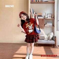 Set áo Ngựa Thần Tài chân váy tầng caro dễ thương cho bé gái BXG2142