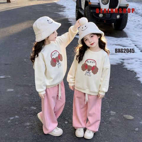 Set nỉ thu đông bé gái quần suông áo dài tay BXG2045