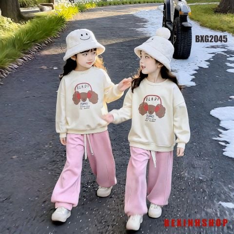 Set nỉ thu đông bé gái quần suông áo dài tay BXG2045