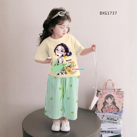 Set áo in 3D quần ống suông sọc tim dễ thương cho bé gái BXG1737