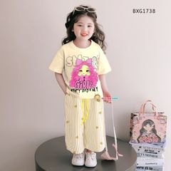 Set áo in 3D quần ống suông sọc tim dễ thương cho bé gái BXG1737