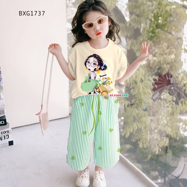 Set áo in 3D quần ống suông sọc tim dễ thương cho bé gái BXG1737