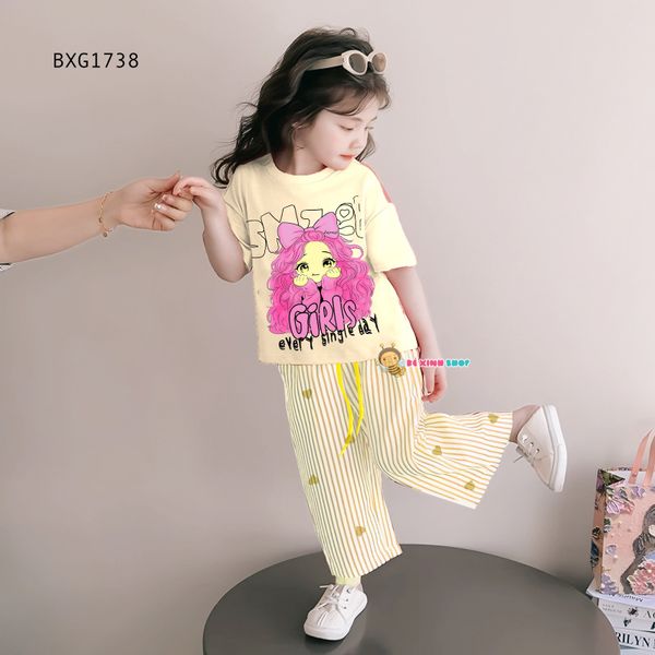 Set áo in 3D quần ống suông sọc tim dễ thương cho bé gái BXG1737