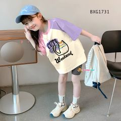 Set áo thun in hình mèo phối màu quần legging lửng dễ thương cho bé gái BXG1731