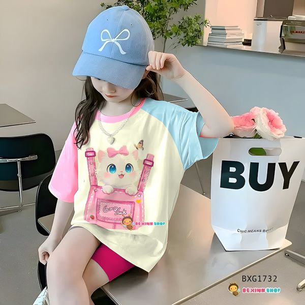 Set áo thun in hình mèo phối màu quần legging lửng dễ thương cho bé gái BXG1731