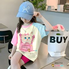 Set áo thun in hình mèo phối màu quần legging lửng dễ thương cho bé gái BXG1731