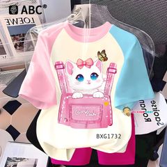 Set áo thun in hình mèo phối màu quần legging lửng dễ thương cho bé gái BXG1731
