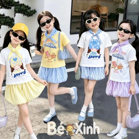 [KÈM KHĂN] Set áo thun quần bí kèm khăn choàng nhà Bé Xinh cực iu cho bé gái đi học, đi chơi BXG2484