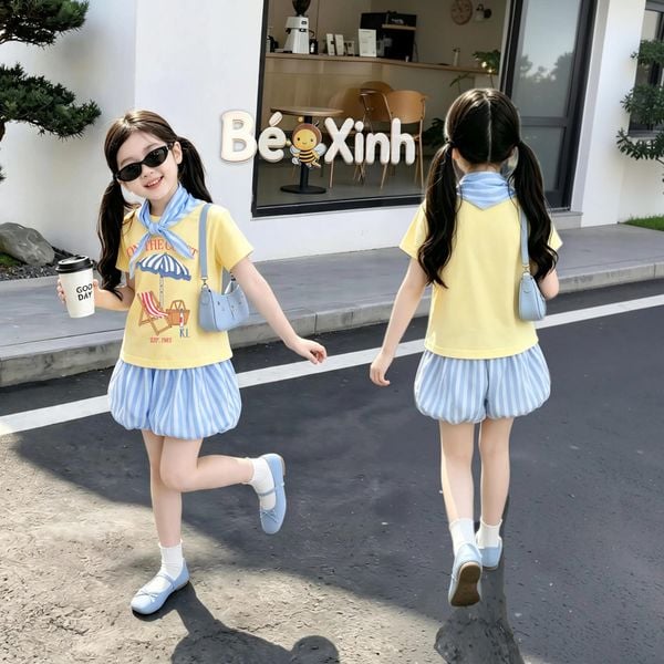 [KÈM KHĂN] Set áo thun quần bí kèm khăn choàng nhà Bé Xinh cực iu cho bé gái đi học, đi chơi BXG2484