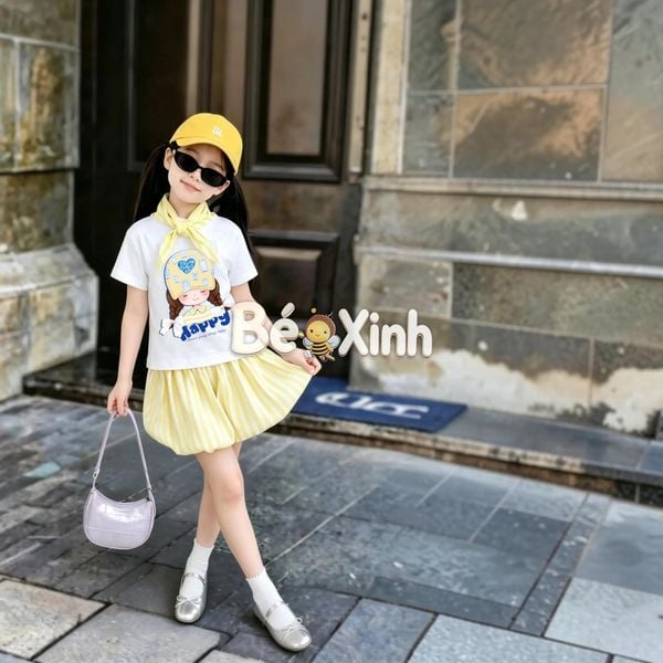 [KÈM KHĂN] Set áo thun quần bí kèm khăn choàng nhà Bé Xinh cực iu cho bé gái đi học, đi chơi BXG2484
