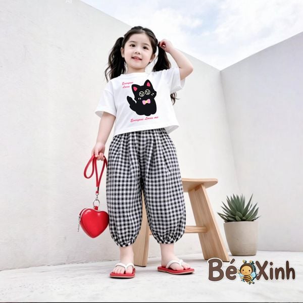 Set áo in mèo quần bom caro alibba nhà BexinhshopVN siêu cưng cho bé gái dạo phố, mặc nhà BXG2420