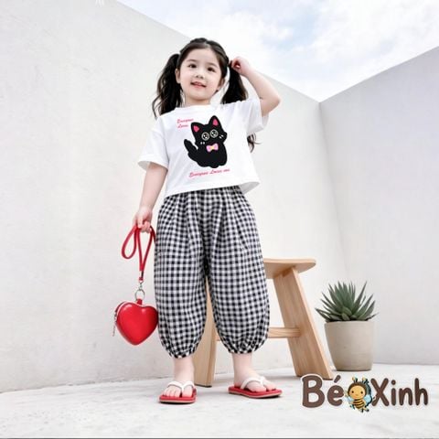 Set áo in mèo quần bom caro alibba nhà BexinhshopVN siêu cưng cho bé gái dạo phố, mặc nhà BXG2420
