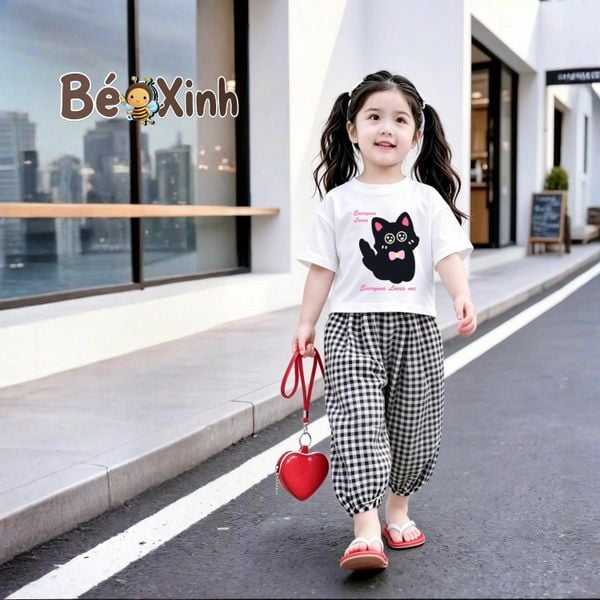 Set áo in mèo quần bom caro alibba nhà BexinhshopVN siêu cưng cho bé gái dạo phố, mặc nhà BXG2420