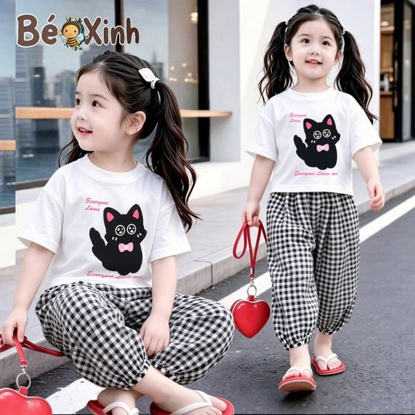 Set áo in mèo quần bom caro alibba nhà BexinhshopVN siêu cưng cho bé gái dạo phố, mặc nhà BXG2420
