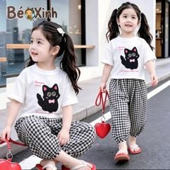 Set áo in mèo quần bom caro alibba nhà BexinhshopVN siêu cưng cho bé gái dạo phố, mặc nhà BXG2420