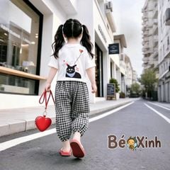 Set áo in mèo quần bom caro alibba nhà BexinhshopVN siêu cưng cho bé gái dạo phố, mặc nhà BXG2420