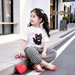 Set áo in mèo quần bom caro alibba nhà BexinhshopVN siêu cưng cho bé gái dạo phố, mặc nhà BXG2420