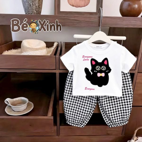 Set áo in mèo quần bom caro alibba nhà BexinhshopVN siêu cưng cho bé gái dạo phố, mặc nhà BXG2420