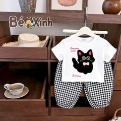 Set áo in mèo quần bom caro alibba nhà BexinhshopVN siêu cưng cho bé gái dạo phố, mặc nhà BXG2420