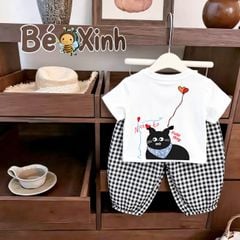 Set áo in mèo quần bom caro alibba nhà BexinhshopVN siêu cưng cho bé gái dạo phố, mặc nhà BXG2420