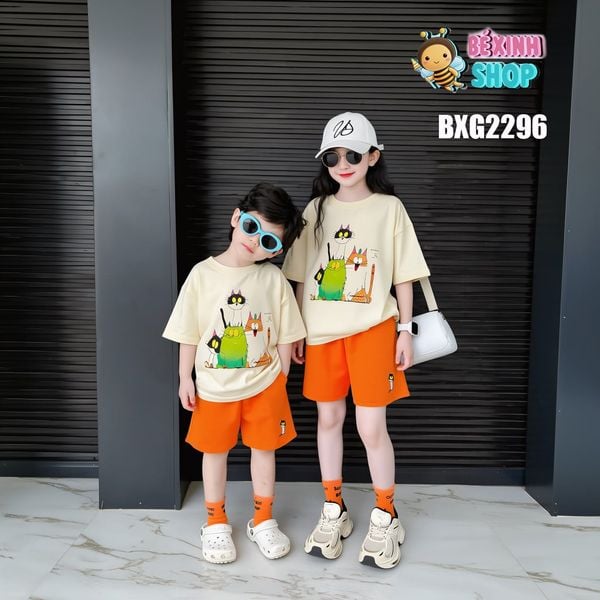 [BexinhshopVN] Set áo in Mèo quần sort phom rộng bé trai bé gái BXG2296