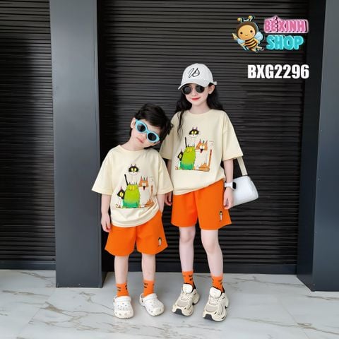 [BexinhshopVN] Set áo in Mèo quần sort phom rộng bé trai bé gái BXG2296