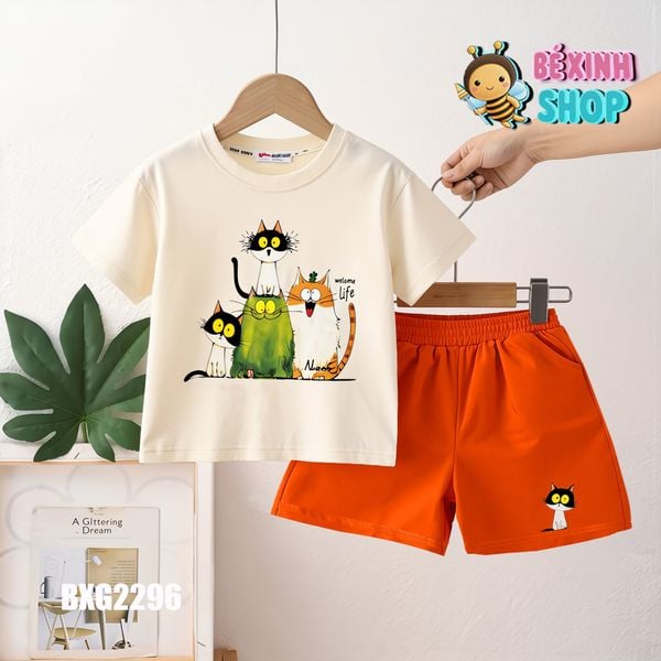 [BexinhshopVN] Set áo in Mèo quần sort phom rộng bé trai bé gái BXG2296