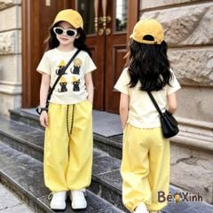 Set áo rút dây in Mèo quần ống suông bo ống bé gái đi chơi BXG2383