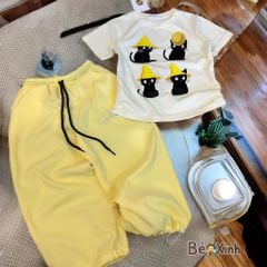 Set áo rút dây in Mèo quần ống suông bo ống bé gái đi chơi BXG2383