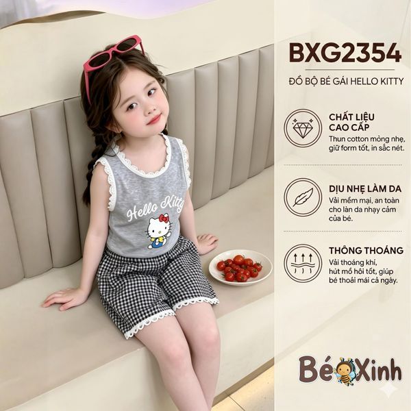Set áo sát nách phối ren Hello Kitty quần caro BXG2354
