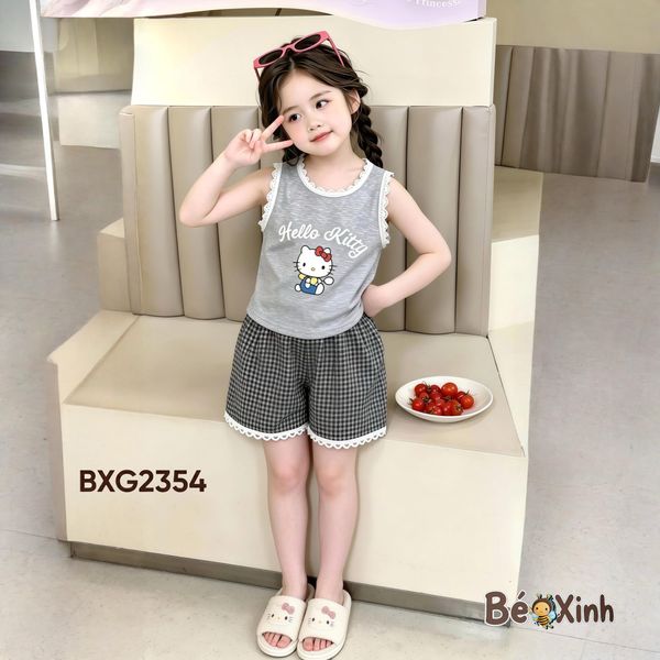 Set áo sát nách phối ren Hello Kitty quần caro BXG2354