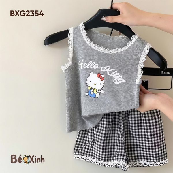 Set áo sát nách phối ren Hello Kitty quần caro BXG2354