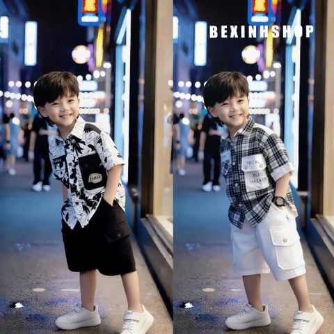 Set áo sơ mi quần kaki túi hộp dễ thương cho bé trai đi chơi BTB28974