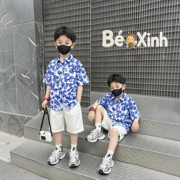 Set Sơ Mi Lụa Họa Tiết Quần Short Cotton Lạnh BexinhshopVN sang chảnh cho bé trai đi chơi, đi tiệc BXG2443