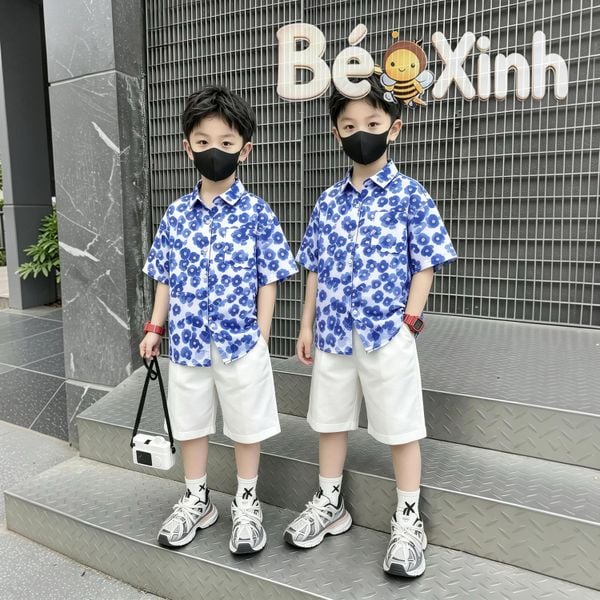 Set Sơ Mi Lụa Họa Tiết Quần Short Cotton Lạnh BexinhshopVN sang chảnh cho bé trai đi chơi, đi tiệc BXG2443