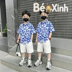 Set Sơ Mi Lụa Họa Tiết Quần Short Cotton Lạnh BexinhshopVN sang chảnh cho bé trai đi chơi, đi tiệc BXG2443