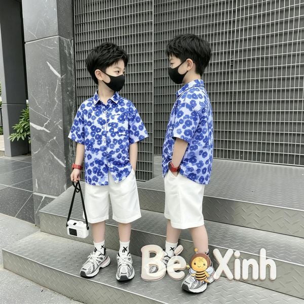 Set Sơ Mi Lụa Họa Tiết Quần Short Cotton Lạnh BexinhshopVN sang chảnh cho bé trai đi chơi, đi tiệc BXG2443