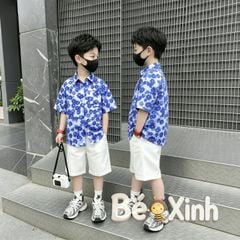 Set Sơ Mi Lụa Họa Tiết Quần Short Cotton Lạnh BexinhshopVN sang chảnh cho bé trai đi chơi, đi tiệc BXG2443