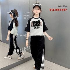 Set áo thun Mèo quần thể thao sọc lệch bo ống dễ thương cho bé trai & bé gái BXG1924