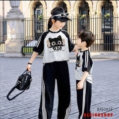 Set áo thun Mèo quần thể thao sọc lệch bo ống dễ thương cho bé trai & bé gái BXG1924