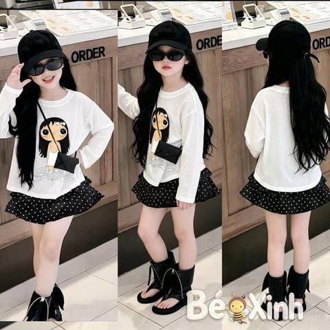 Set áo thun giấy phối chân váy tầng chấm bi dễ thương cho bé gái nhà Bé Xinh BXG1857