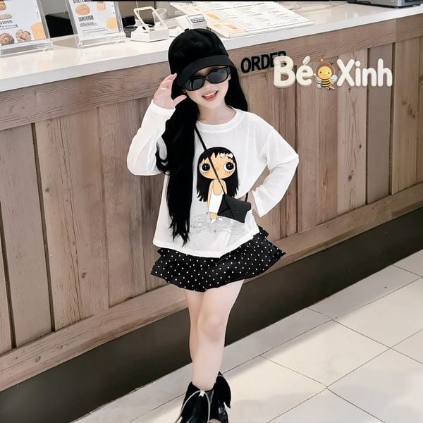 Set áo thun giấy phối chân váy tầng chấm bi dễ thương cho bé gái nhà Bé Xinh BXG2557