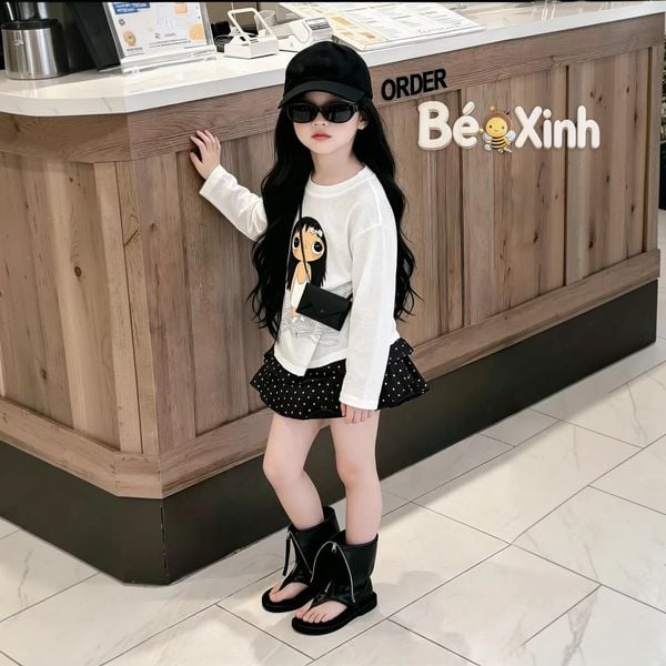 Set áo thun giấy phối chân váy tầng chấm bi dễ thương cho bé gái nhà Bé Xinh BXG2557