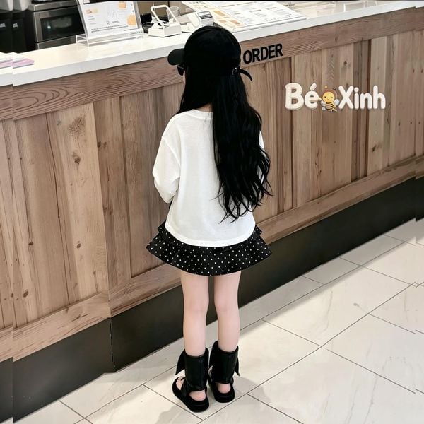 Set áo thun giấy phối chân váy tầng chấm bi dễ thương cho bé gái nhà Bé Xinh BXG2557