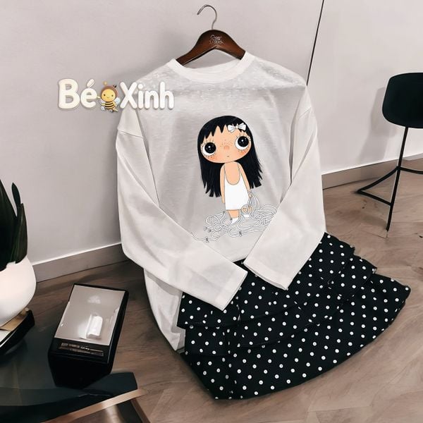 Set áo thun giấy phối chân váy tầng chấm bi dễ thương cho bé gái nhà Bé Xinh BXG2557