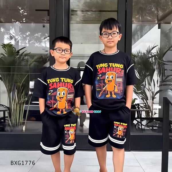 Bộ thun phối bo TUNG TUNG SAHUR dễ thương cho bé trai đi học, đi chơi BXG1775