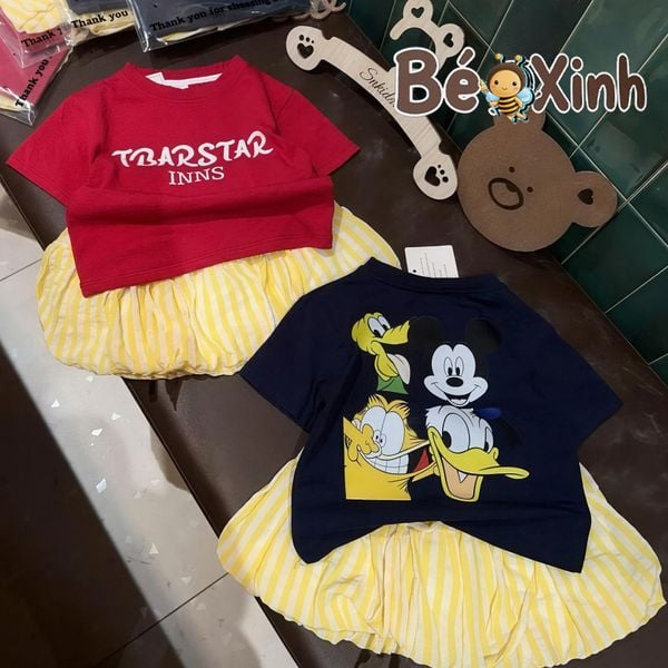 Set áo Mickey chân váy bí dễ thương cho bé gái BXG2386
