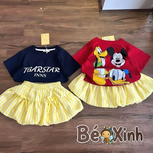 Set áo Mickey chân váy bí dễ thương cho bé gái BXG2386